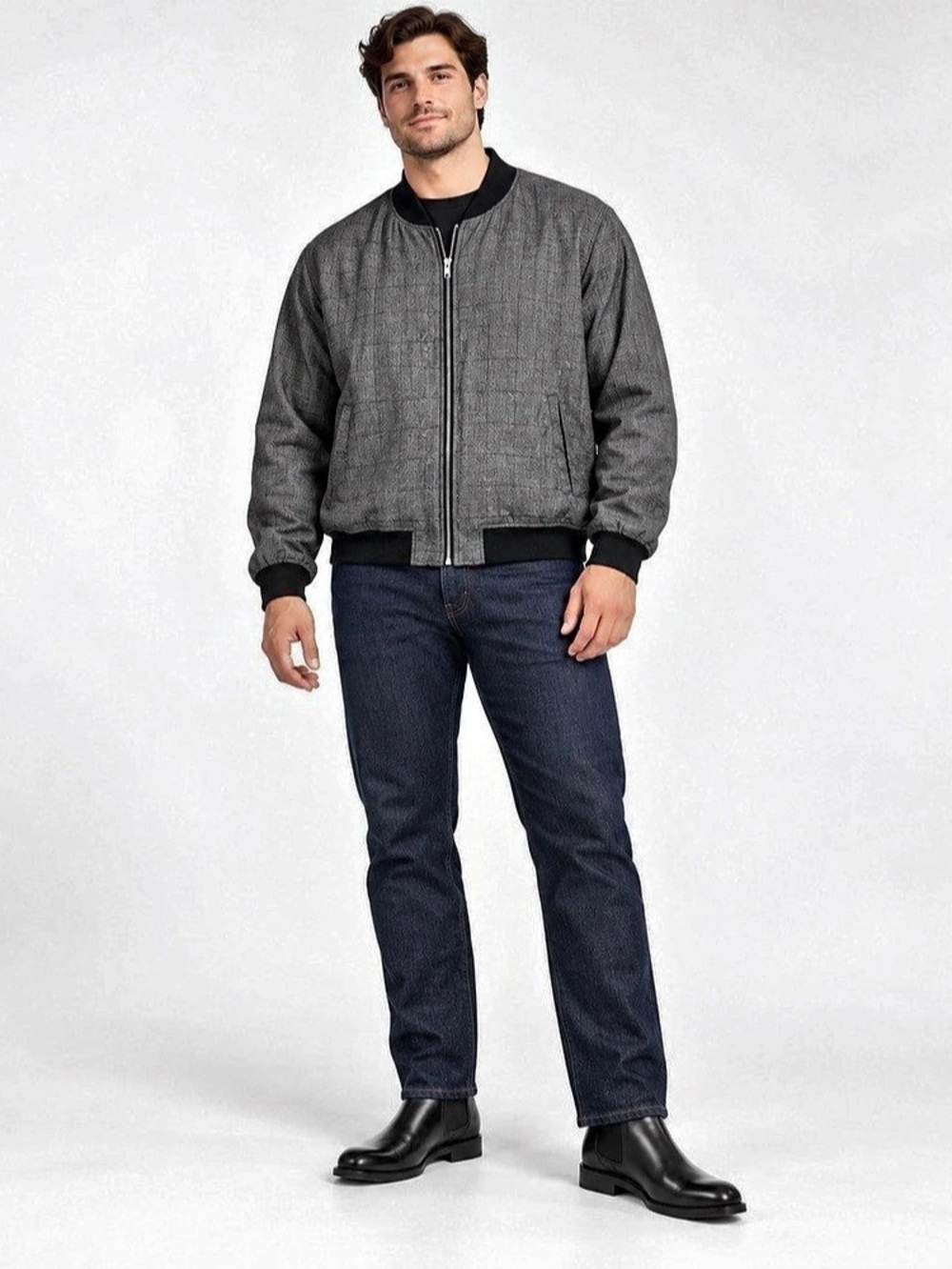 CMTLAB Men’s Grey Checkered Bomber Jacket Black Trim XL